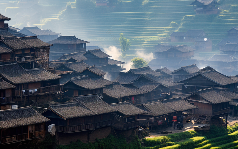 西江苗寨自然美意境户外夏天温馨云烟森林民居住宅民俗建筑摄影,高清,摄影图,摄影图片,图片大全,摄影图免费下载